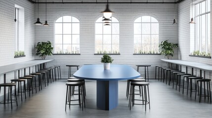 Modern cafe interior, blue table, brick walls, city view, workspace