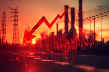 A jagged red arrow indicates a downward trend, contrasting with an industrial landscape at sunset, featuring silhouettes of power lines and buildings Generative AI