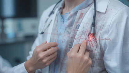 A doctor gently touches a glowing heart EKG printed on their innovative lab coat, a symbol of modern medical advancement and compassionate care.