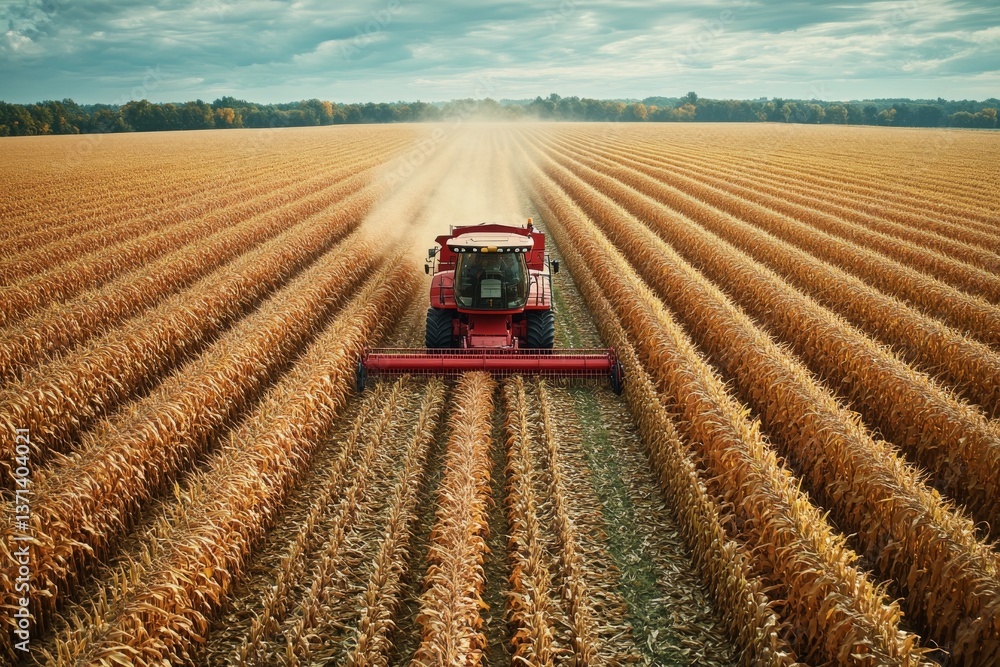 Poster robotic harvesters efficiently gather corn in expansive fields under a partly cloudy sky, showcasing