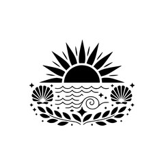 Black & White Coastal Sunset Crest with Shells & Foliage