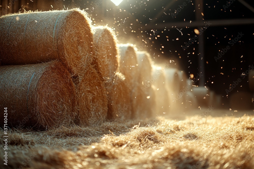 Poster golden hay bales are stacked closely together in a barn, illuminated by warm sunlight. dust particle