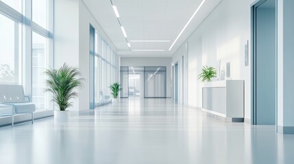 Obraz premium Modern hospital hallway, bright windows, plants, waiting area, clean design, healthcare