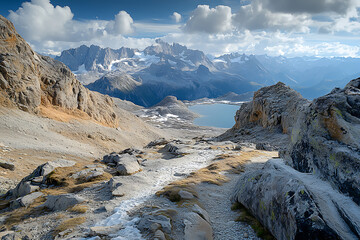 Obraz premium A view of a mountain lake surrounded by rocky terrain and snow capped mountains under a cloudy sky