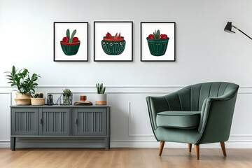 Pixel Art Cactus Plants Displayed In Frames Above A Green Armchair Photo