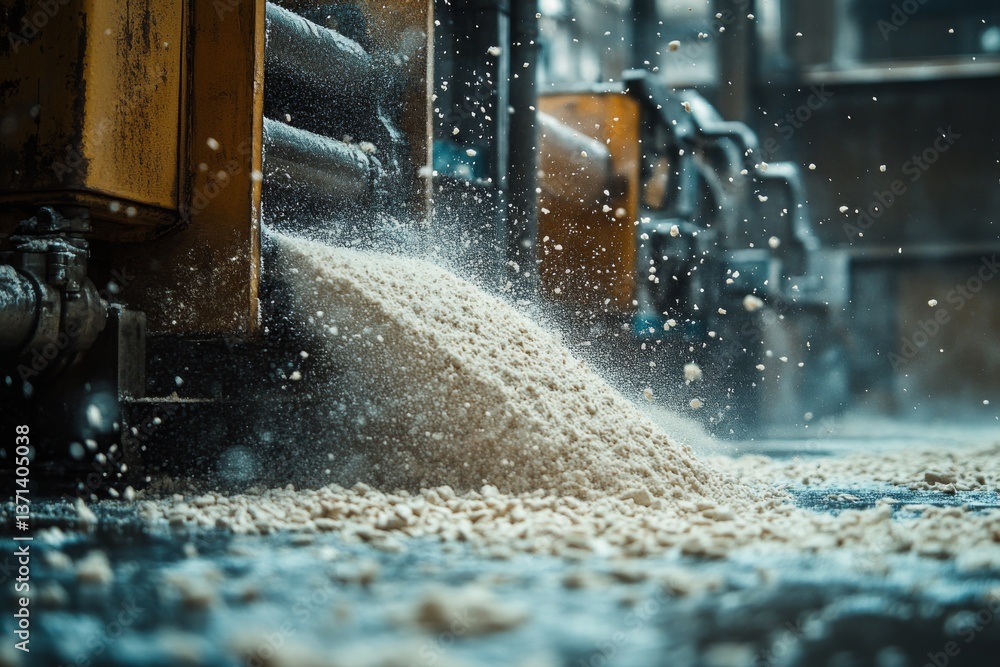 Poster industrial machinery operates in a factory, grinding material and creating a cloud of dust. the proc