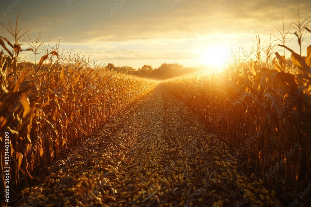 Poster farm workers diligently gather ripe corn in expansive fields, basking in the warm glow of the settin