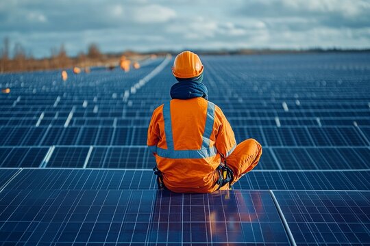 A worker dressed in a high-visibility vest rests on solar panels in a vast renewable energy field, surrounded by clouds and natural scenery in the afternoon Generative AI