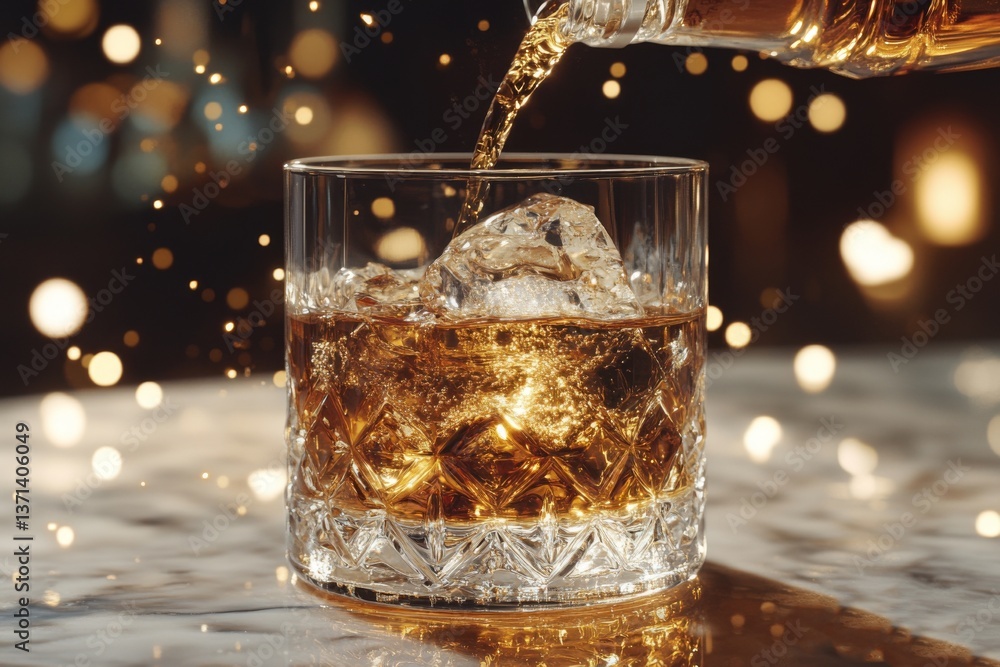 Poster dark amber cognac flows smoothly into a crystal glass filled with ice, surrounded by a warm and invi