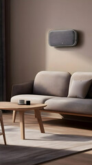 Realistic Photo of a Modern Living Room with Beige Sofa Wooden Table