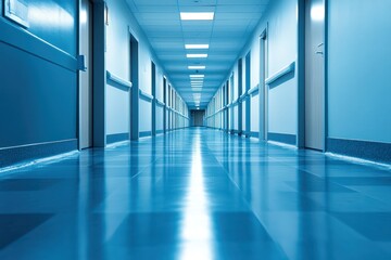 Empty hospital corridor, perspective view, clean floor, medical facility, healthcare background
