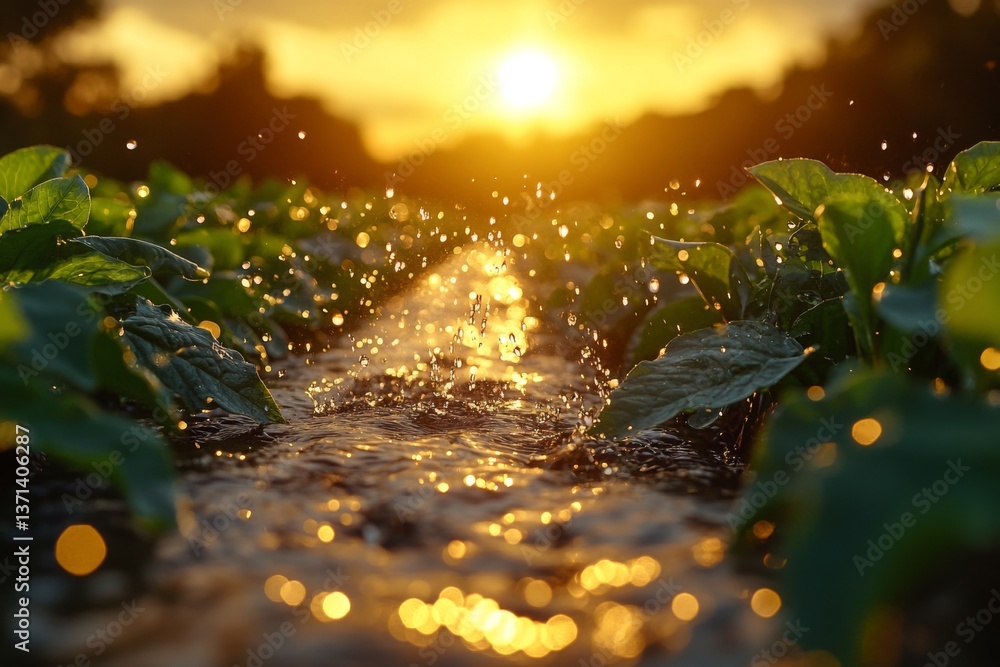Poster robotic irrigation systems operate in fields during sunset, watering crops with precision while refl