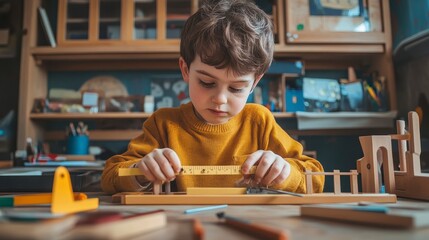Young Boy Concentrated on Building with Wooden Blocks and Measuring Tools