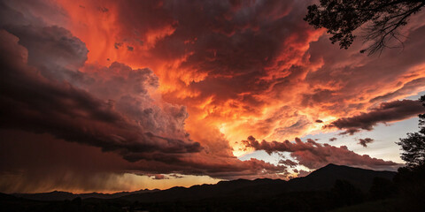 Fiery sunset drama unfolds over majestic mountains, a breathtaking display of nature's power with dark silhouettes and vibrant orange hues.