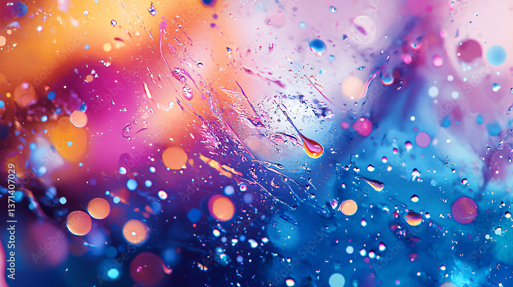 Poster a captivating display of colorful raindrops in a macro perspective showcasing ethereal illumination 