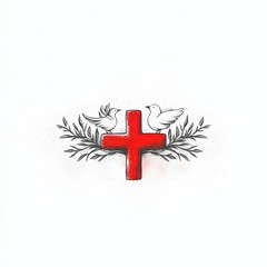 Religious Symbol Illustration Red Cross With Olive Branch Doves In White Background