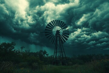 An old wooden windmill rises majestically in an open field as dark clouds gather overhead, creating an ominous atmosphere at dusk Generative AI