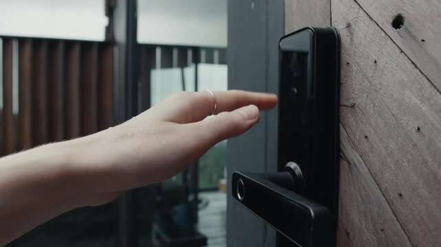 Woman opening smart lock door: security and home automation