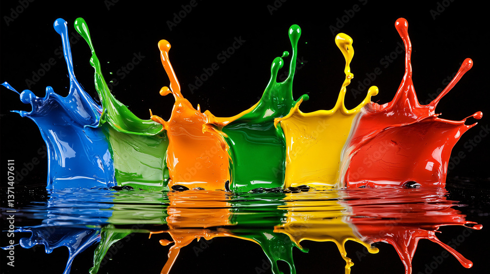 Poster vibrant and dynamic splashing paint in vivid colors against a dark black background creating an abst