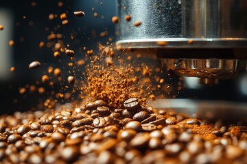 Freshly roasted coffee beans are being ground, releasing a burst of rich aromas and flavors in a cozy cafe setting. The moment captures the essence of coffee preparation Generative AI