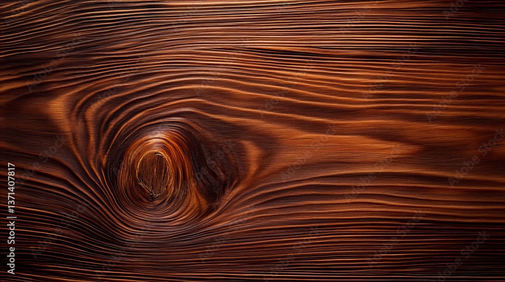 Poster dark brown wood shows a knot surrounded by curving grain patterns across the surface, creating a tex