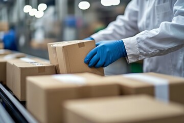 A worker wearing blue gloves carefully packages products by hand on a production line in a warehouse setting, ensuring quality and efficiency Generative AI