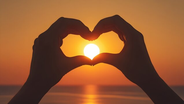 Two hands, silhouetted against a vibrant orange and yellow sunset, form a heart shape around a bright sun.
