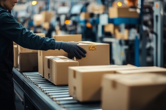 A worker carefully packages products by hand on a conveyor belt, surrounded by organized boxes in a bustling warehouse environment during the day Generative AI