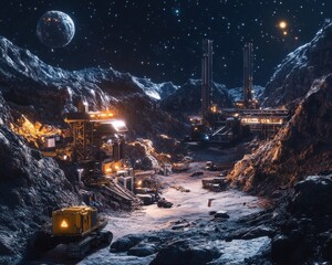 an asteroid mining station in action, featuring the station, mining equipment, and asteroids, with a backdrop of galaxies and distant stars