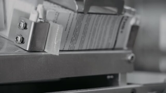 Automated handling of printed instruction leaflets on industrial line.