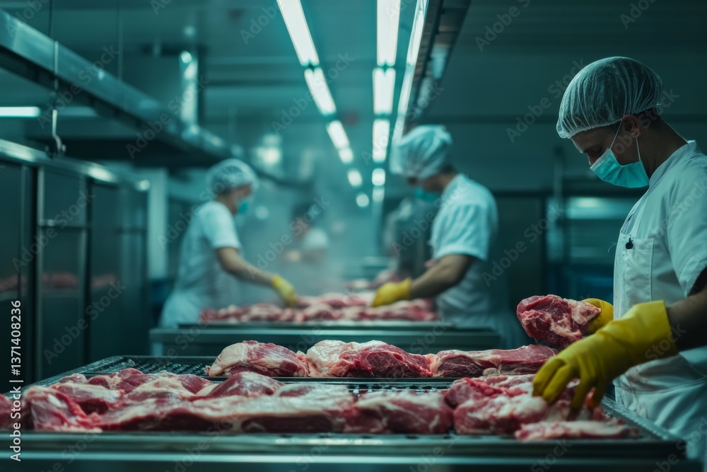 Poster in a meat processing factory, workers in protective gear handle and prepare various cuts of meat whi