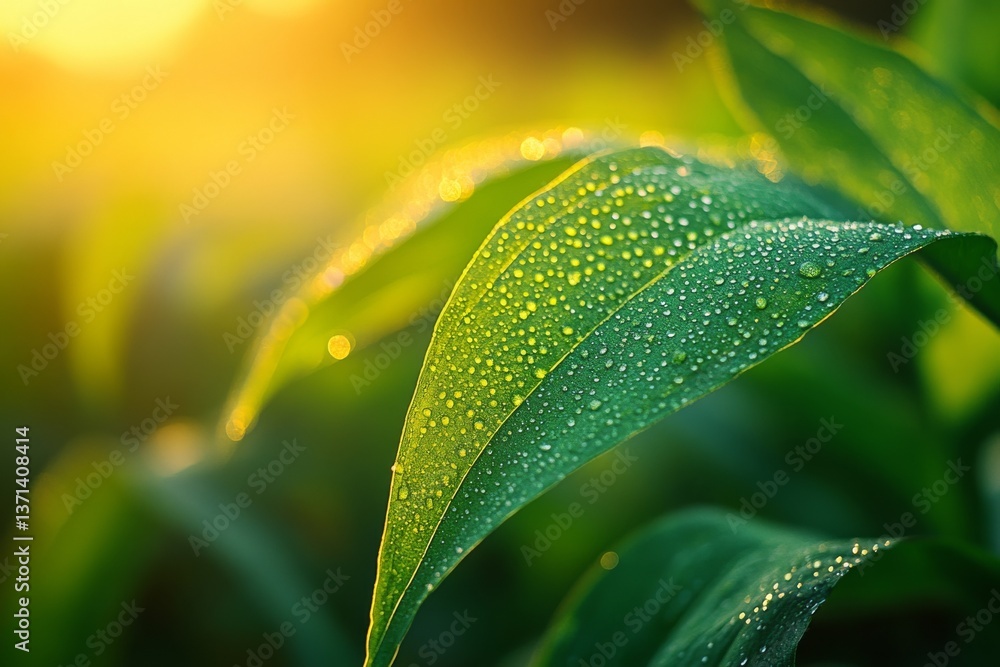 Poster morning light illuminates corn leaves covered in dew, creating a refreshing and vibrant display in a