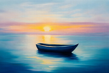 Fototapeta premium Watercolor Illustration of a Boat on Water at Sunset Horizon