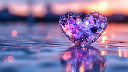 Fototapeta premium Purple crystal heart reflecting on water surface against sunset sky with bokeh lights creating romantic atmosphere. Soft focus macro photography.