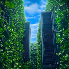 Obraz premium Vertical Green Architecture Photo with Lush Plants Modern Skyline and Sky Background