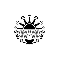 Black & White Nature Emblem: Sunrise, Waves, Butterfly