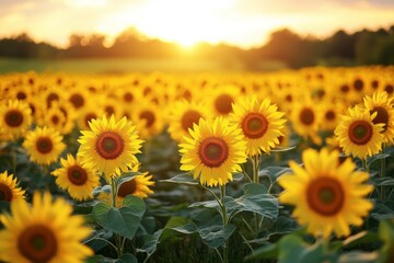 Fototapeta premium Golden hour casts a warm glow over a sprawling field of sunflowers, their bright yellow petals reaching toward the sun with a picturesque view of the horizon Generative AI