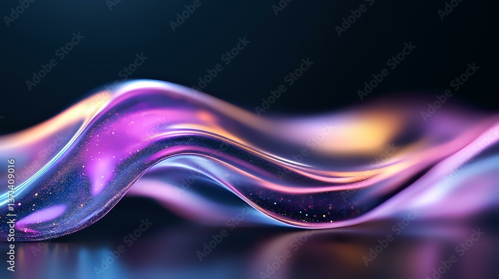 Poster flowing abstract waves in purple, pink and blue colors with glowing light effects and particles crea