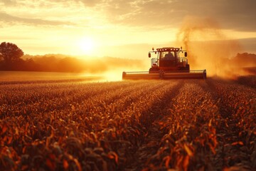 Fototapeta premium A tractor collects ripe corn from a field as the sun sets, illuminating the landscape with a warm golden glow while dust billows around the machinery Generative AI
