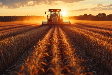 Fototapeta premium A tractor works tirelessly to harvest corn in a vast field as the sun sets, casting a warm golden glow and creating a serene agricultural environment Generative AI