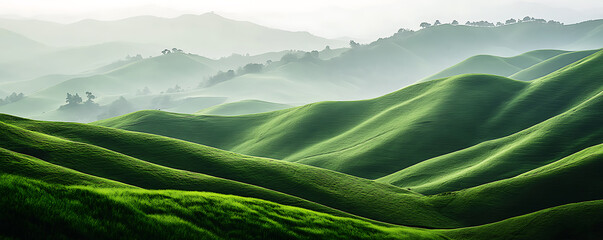 A scenic view of rolling green hills under a hazy sky with distant mountains and lush vegetation