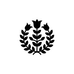 Obraz premium Minimalist Floral Emblem: Black Tulip & Laurel Wreath on White