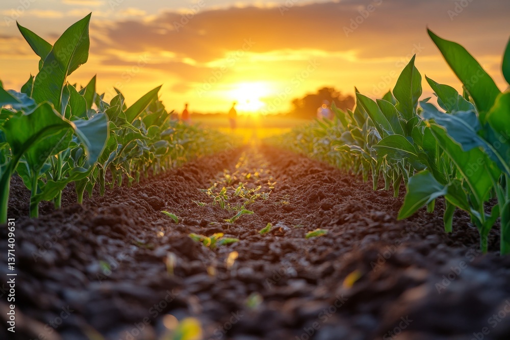 Poster rows of genetically modified crops stretch across fertile soil as workers tend to the field, illumin