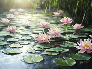 Pink Lotus Flowers Floating on Water Lily Pads in Serene Pond