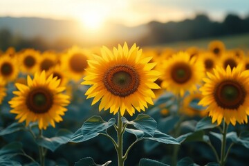 Fototapeta premium Vast fields of sunflowers stretch toward the horizon, glowing in golden hues as the sun sets, casting warm light across the landscape and enhancing their beauty Generative AI