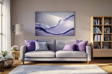 Realistic Photo of a Cozy Modern Living Room with Purple Accents and Artwork