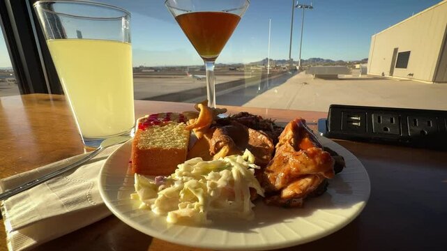 Airport lounge delicious food and drink overlooking flight deck travel