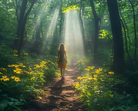 A person walking down a forest path through bright sunlight