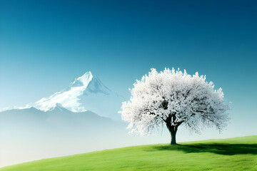 Scenic Landscape Photo of Blooming Tree and Mountain in a Green Field