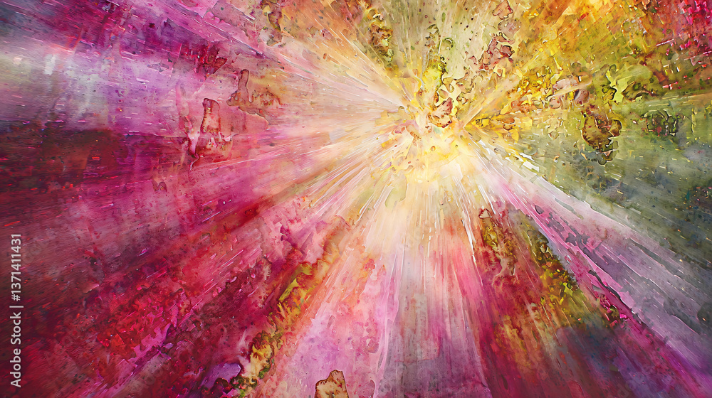 Poster bright light emanating from the center of a painting creating a surreal atmosphere with ethereal tex